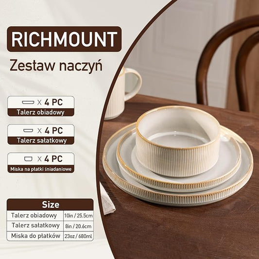 Richmount Star 12-częściowy zestaw obiadowy dla 4 osób. Kolor - białe cappuccino