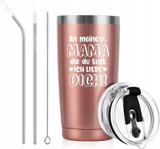 Kubek Termiczny 600ml Termos z Metalową Rurką Pokrywką Napis Niemiecki Róż