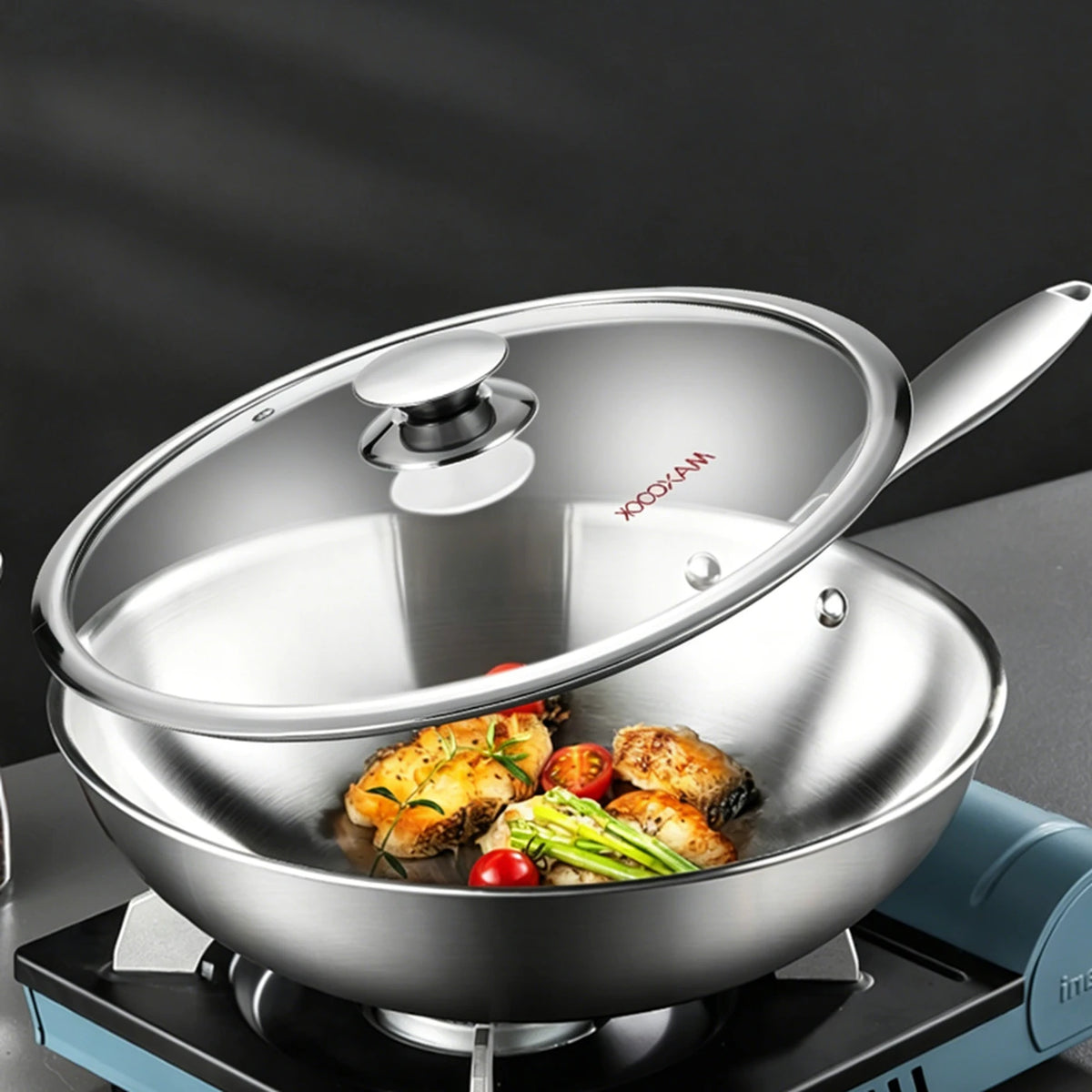 Maxcook Tri-Ply 304 patelnia wok ze stali nierdzewnej - 28 cm  3-warstwowa