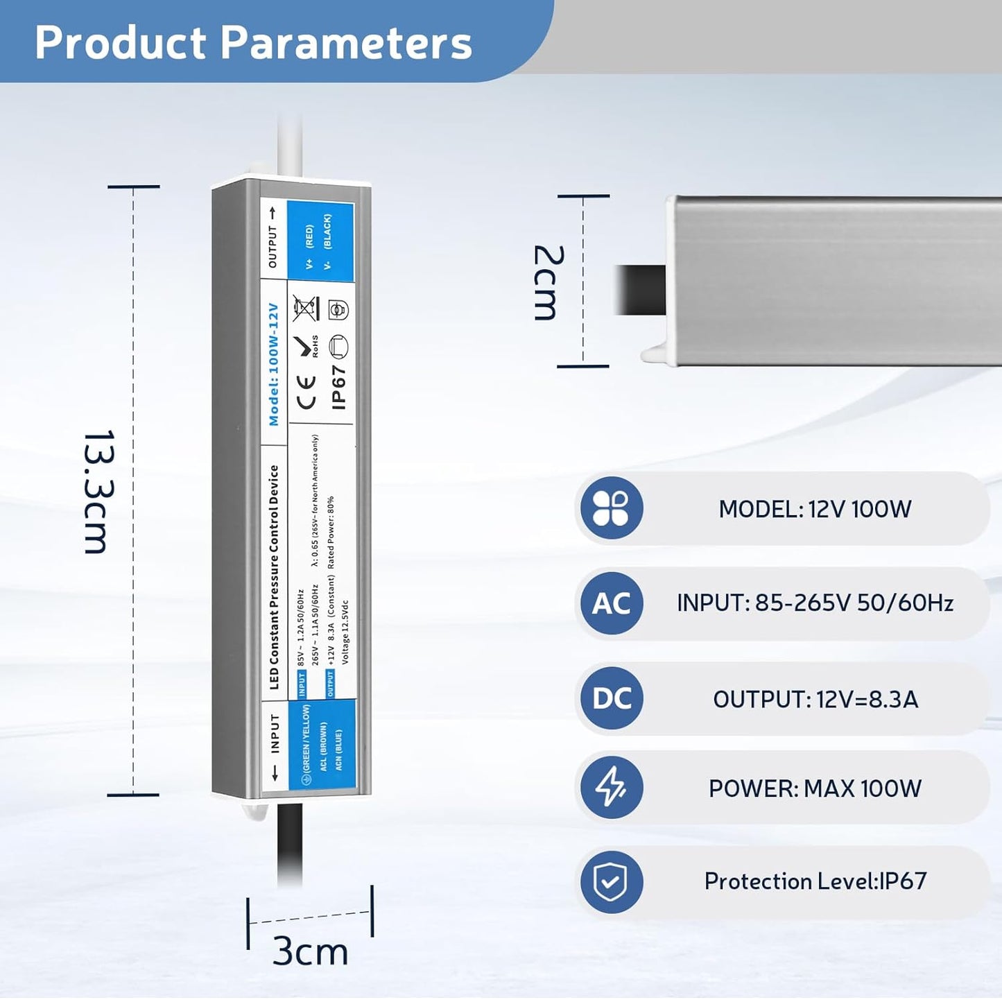 YOODI Zasilacz 12V 100W 8.3A Transformator IP67 Wodoodporny Transformator AC 230V Na DC 12V Do Użytku Na Zewnątrz Sterownik LED Zasilacz Ultracienki Do Taśm LED Lampy Taśmowe Oświetlenie