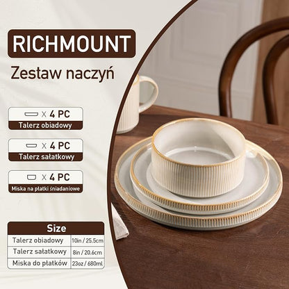 Richmount Star 12-częściowy zestaw obiadowy dla 4 osób. Kolor - białe cappuccino